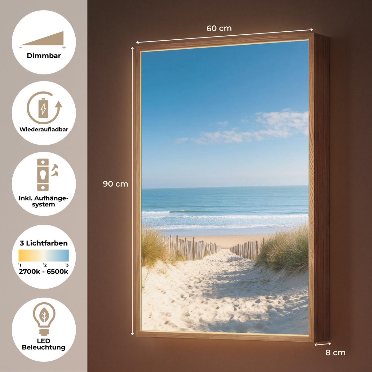 WANDLEUCHTE MIT AKKU Strand - Meer - Düne - Sand - Sommer 60x90 cm - Sandfarben, Holzwerkstoff (60/90/8cm) - OnlyWow