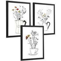 POSTER 3er Set Blumen in Kaffeekanne Wandbilder Mokkakanne Teekanne Tasse Strichzeichnung Küche Deko Schwarzer Rahmen A4 - Schwarz, Papier (29.7/1/21cm) - Nacnic