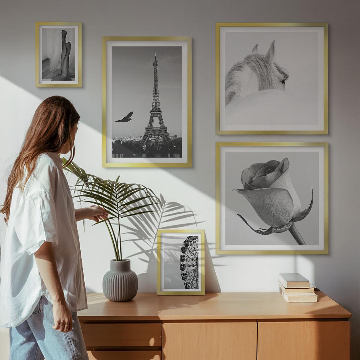 BILDER SET 5er Set - 50x50 cm & 20x30 cm & 40x60 cm Goldrahmen - Abstrakte warme Muster - Goldfarben, Kunststoff (40/60cm) - TULUP