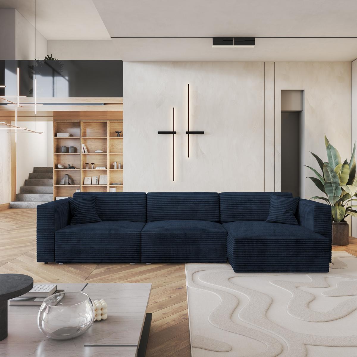 ECKSOFA TOLMO Blau Kordstoff mit Schlaffunktion - Blau/Grau, Holz/Kunststoff (347/148cm) - MASSENO