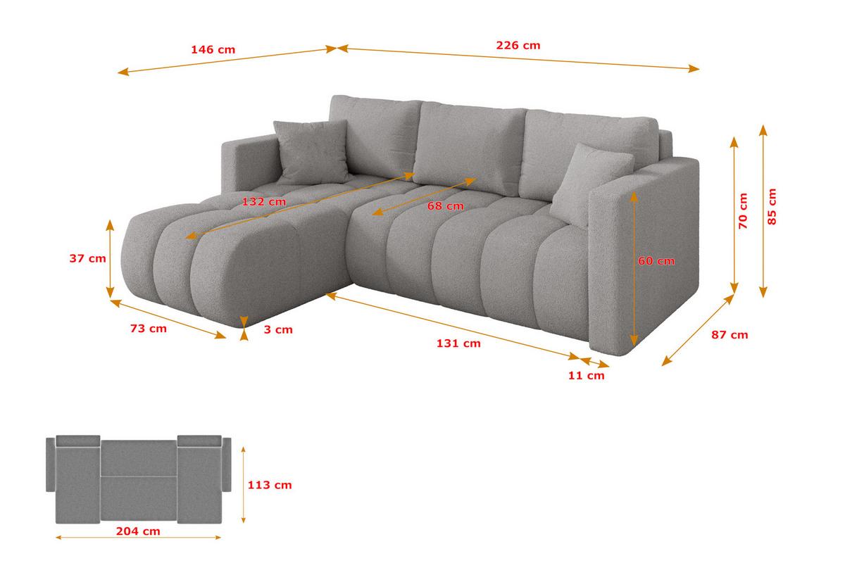 ECKSOFA mit Schlaffunktion Ottomane Links GARD-L 226x146x85 Hellgrau Bouclé - Silberfarben/Hellgrau, Holzwerkstoff/Kunststoff (226/146cm) - ALTDECOR