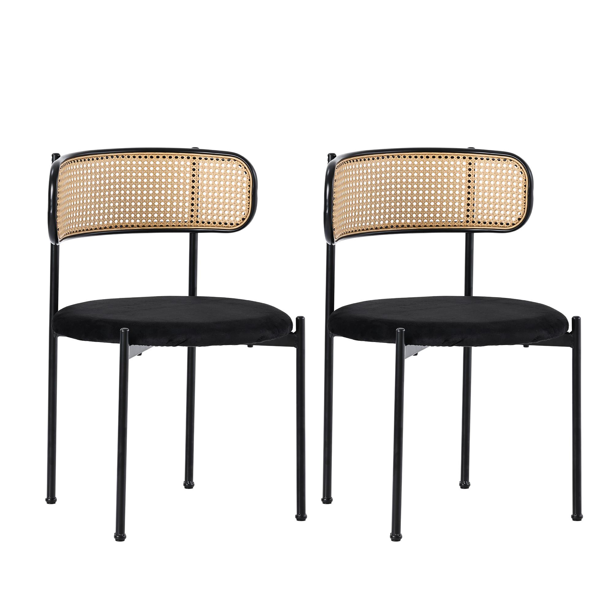 ESSZIMMERSTUHL Set 2er Schwarz Samt & Rattan Polsterstuhl mit Metallbeinen - Schwarz, Textil (51/75/51cm) - Urban Meuble
