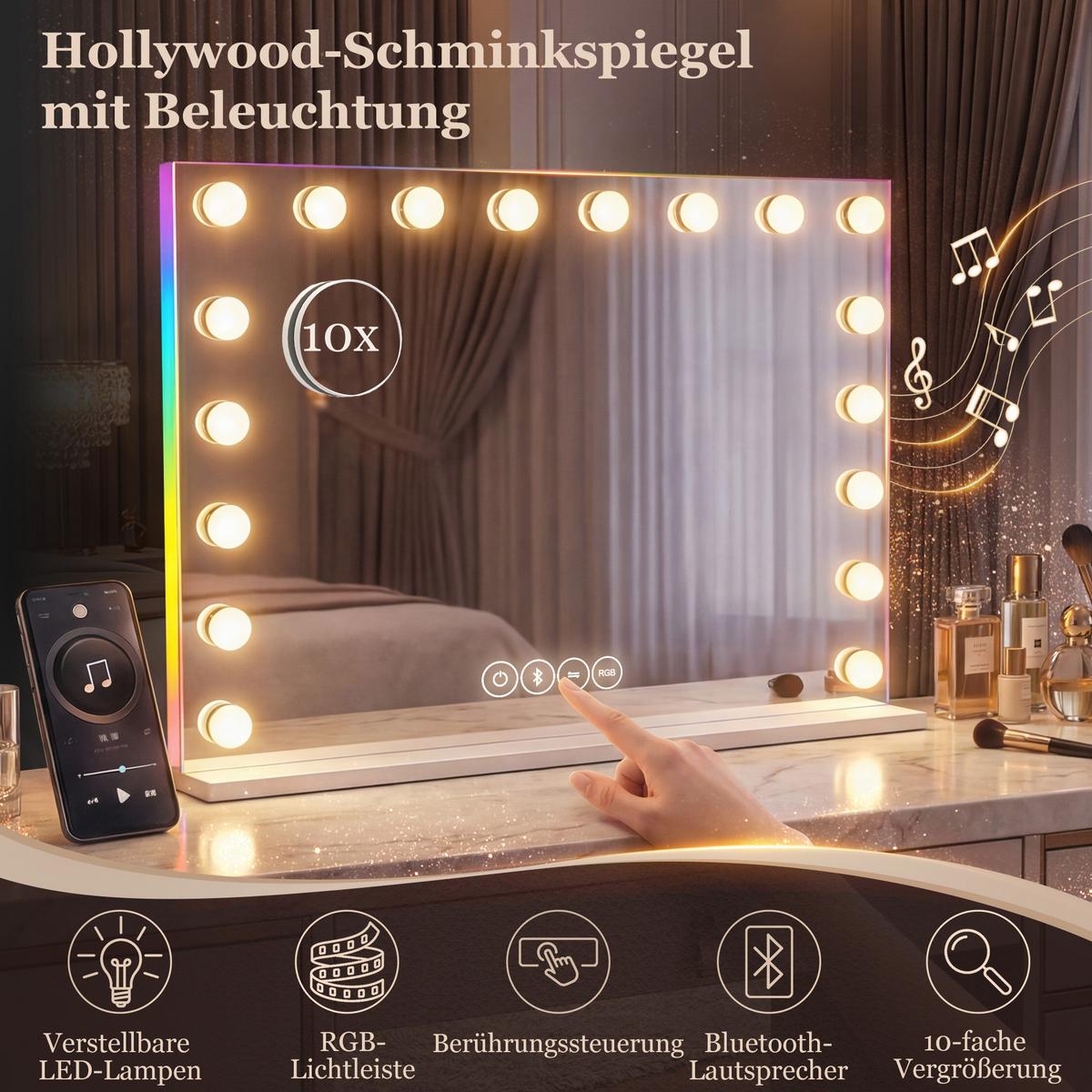 HOLLYWOOD-SPIEGEL Glas Weiß - Weiß, Glas (80/60/14cm) - HOMCOM