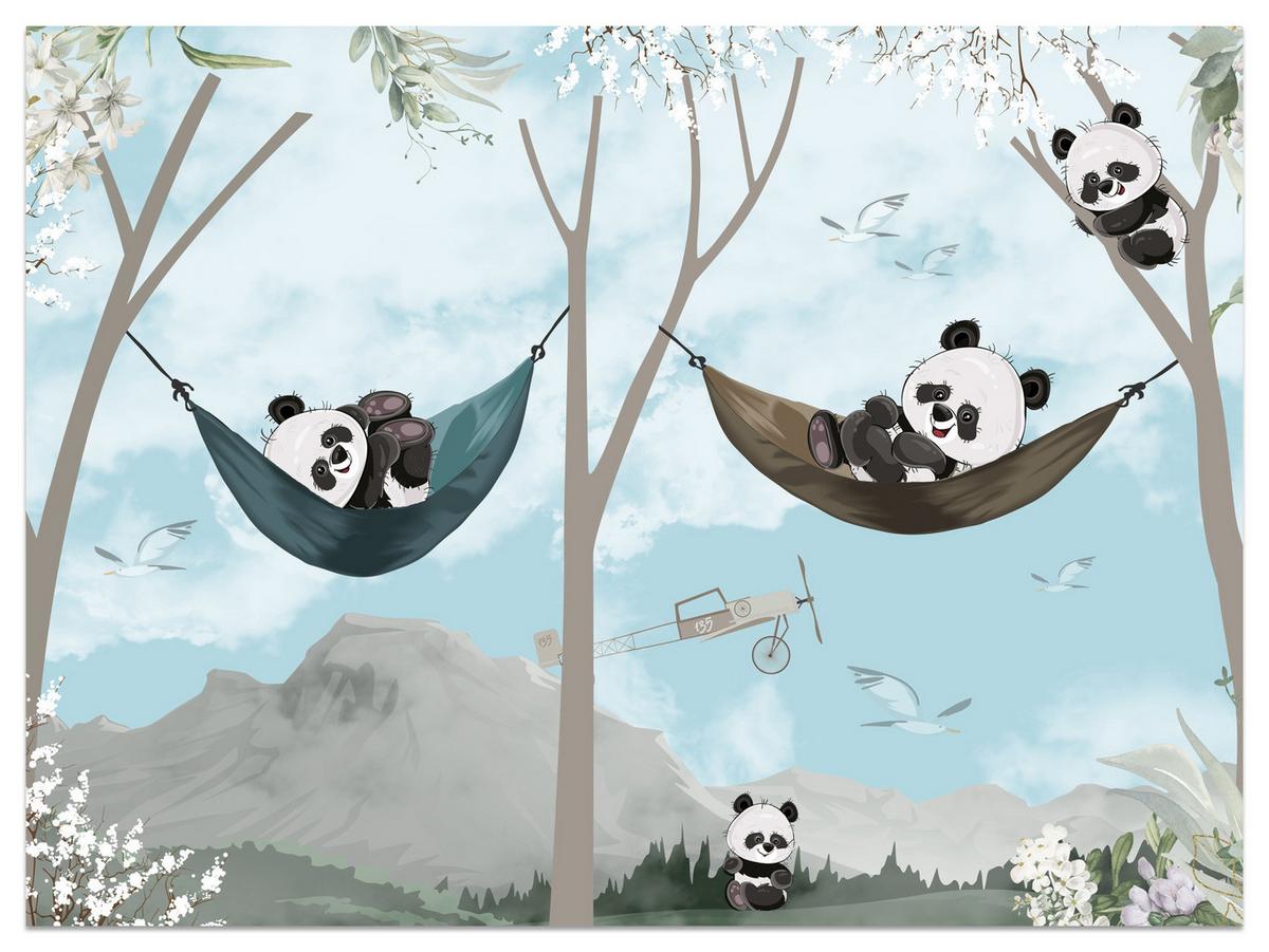 FOTOTAPETE für Kinderzimmer Pandas in Hängematten Märchenwald Blumen Berge 200x140 - Schwarz/Weiß, Papier (200/140cm) - Muralo