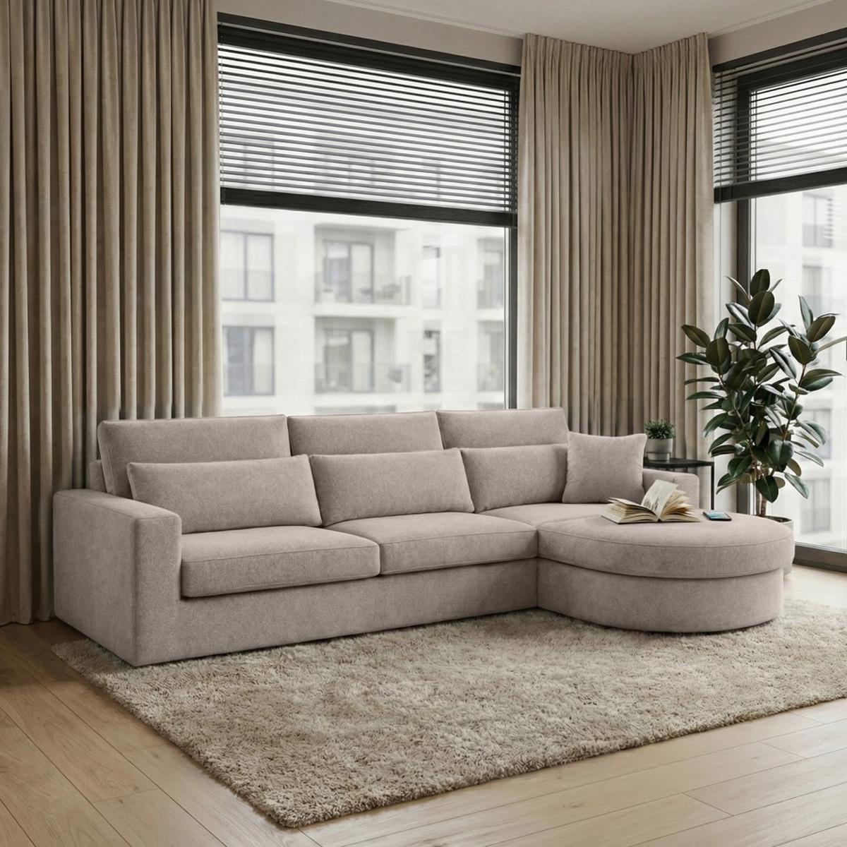 ECKSOFA Pablo ohne Schlaffunktion, mit abgerundeter Ottomane, rechts, Cappuccino, Velourstoff - Cappuccino, Textil (319/196cm) - Beautysofa