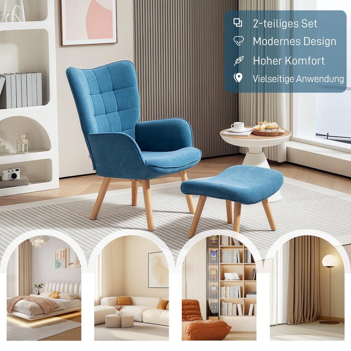 SESSEL mit Hocker, Ohrensessel mit Hoher Rückenlehne, Holzbeine, Cord, Blau - Blau/Buchefarben, Buchenholz/Textil (80/101/72cm) - HOMCOM