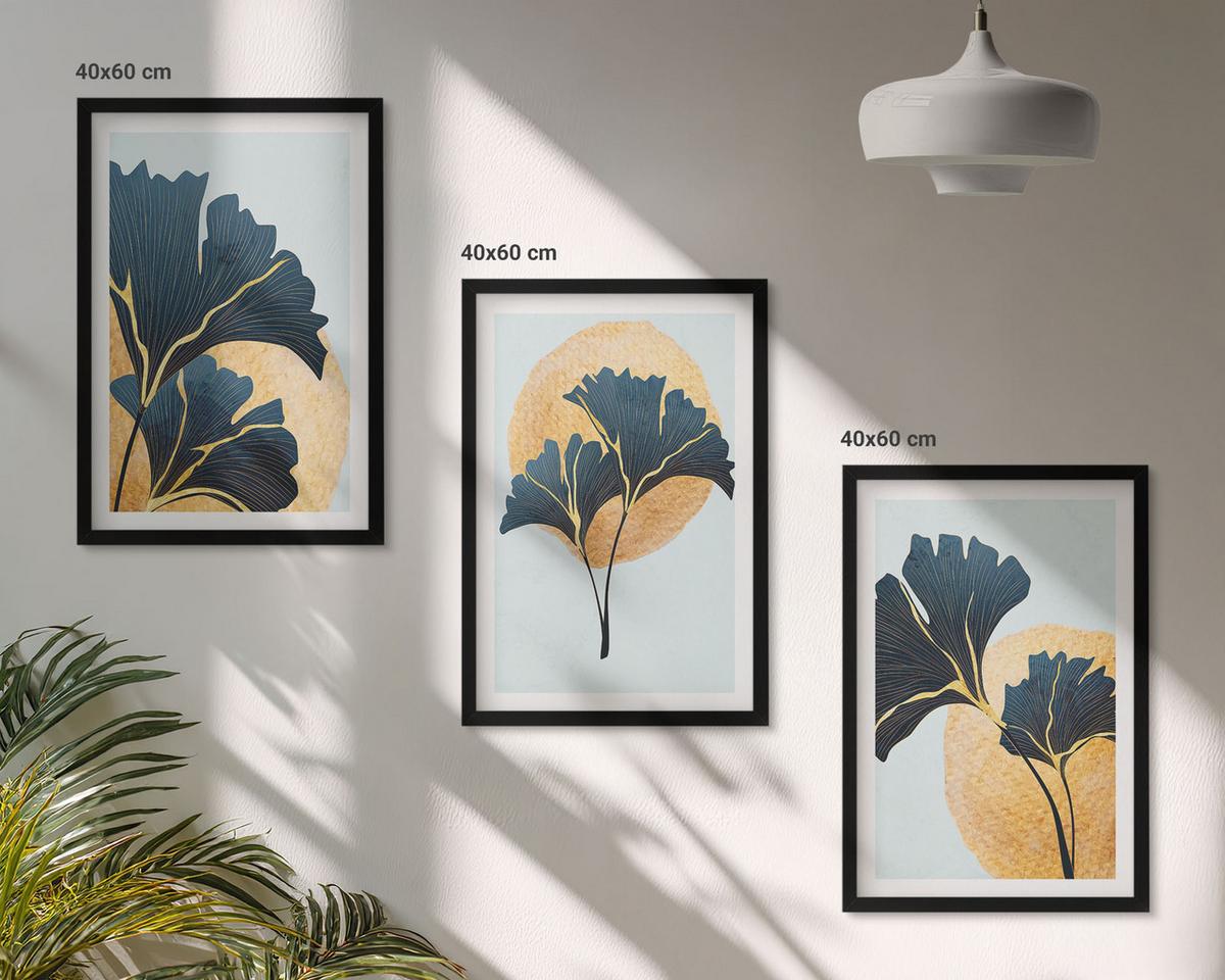 BILDER SET 3er Set - 40x60 cm Schwarzer Rahmen - Ginkgoblätter, heller Hintergrund - Schwarz, Kunststoff (40/60cm) - TULUP