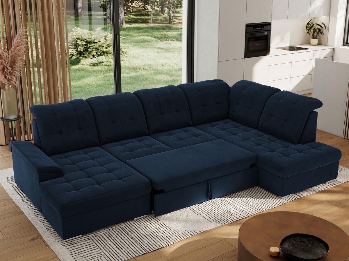 WOHNLANDSCHAFT MADRITO U - Dunkelblau Velorus - Rechts - Silberfarben/Dunkelblau, Textil/Metall (323/89/204cm) - MKS