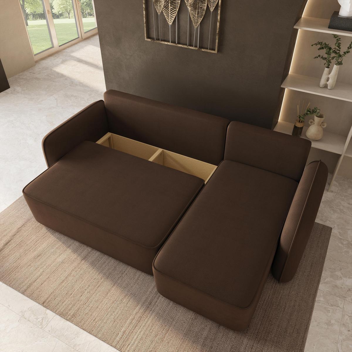 ECKSOFA DOLVER Braun Plüsch-Stoff mit Schlaffunktion - Braun, Holz (238/156cm) - MASSENO