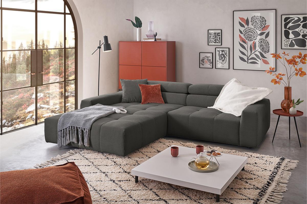 ECKSOFA MIT MOTORISCHEM SITZVORZUG RENO Anthrazit Cord Relaxfunktion - Anthrazit/Schwarz, Kunststoff/Textil (258/217cm) - KAWOLA