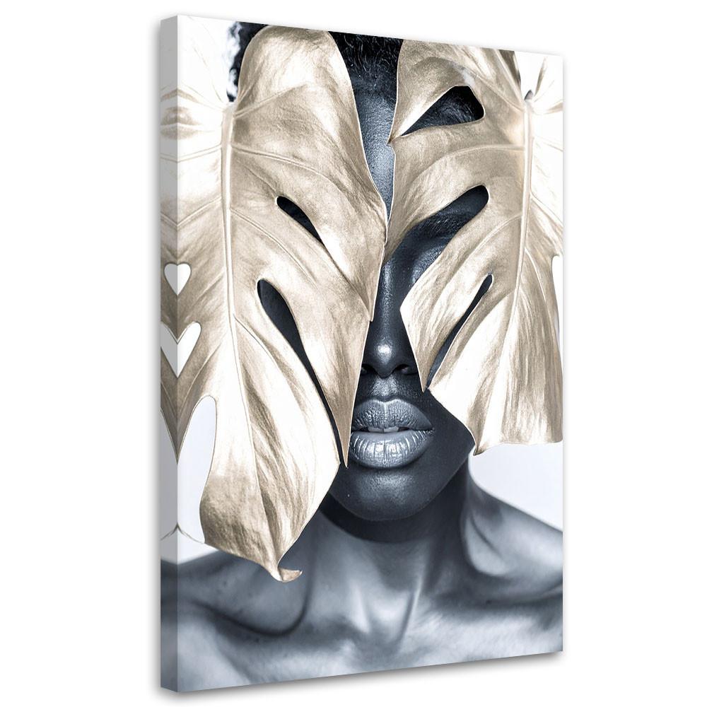 LEINWANDBILD Porträt einer Frau und goldenen Monstera-Blättern 70x100cm - Grau, Textil (70/100cm) - Feeby