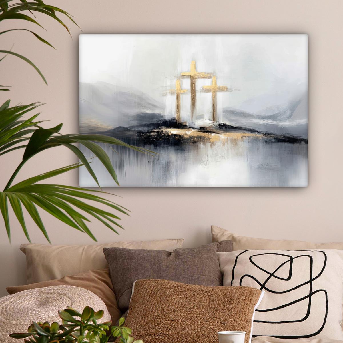 LEINWANDBILD Abstrakt - Malerei - Christentum - Kreuz Gemälde 60x40 cm - Weiß, Textil (60/40cm) - MuchoWow