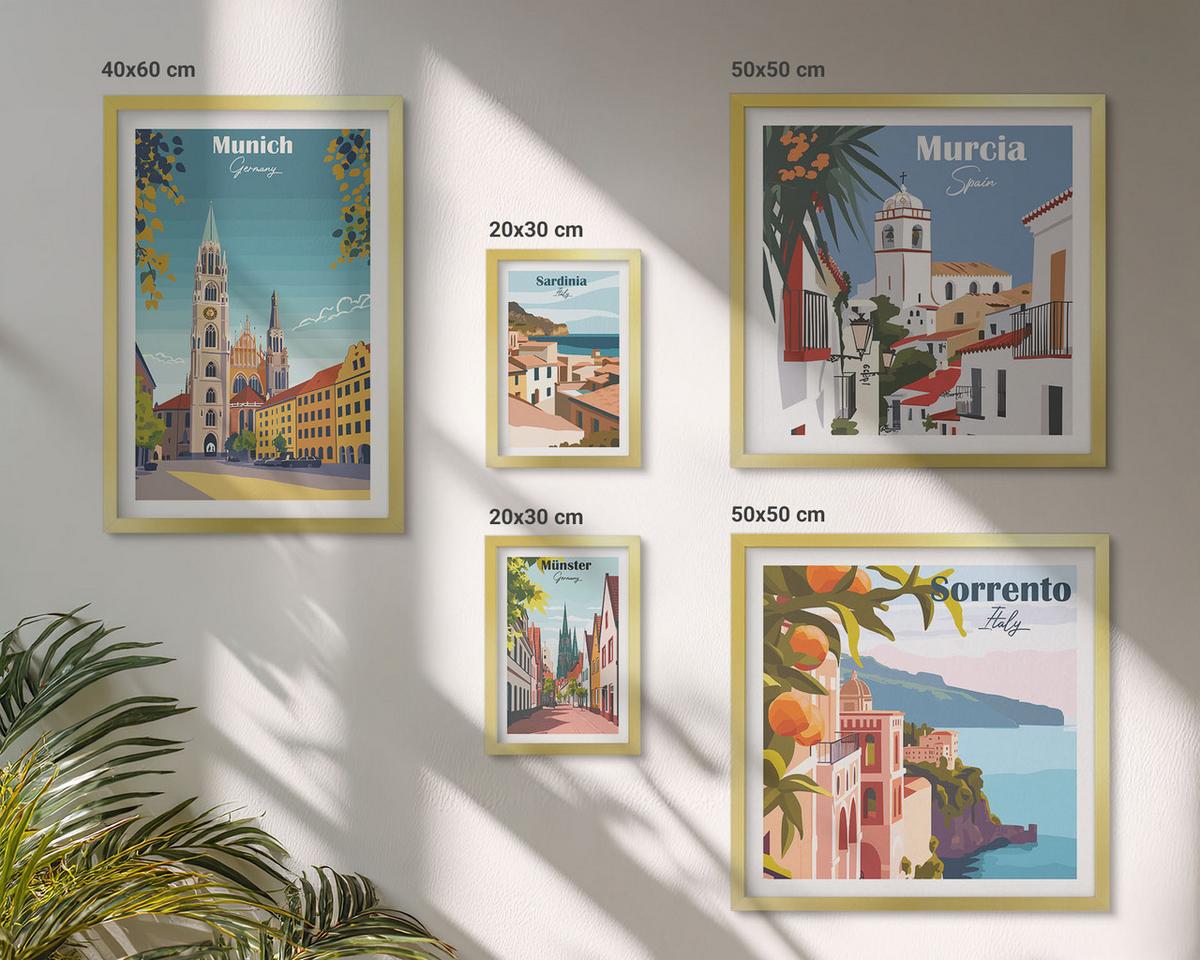 BILDER SET 5er Set - 50x50 cm & 20x30 cm & 40x60 cm Goldrahmen - Retro-Stadtillustrationen - Goldfarben, Kunststoff (40/60cm) - TULUP