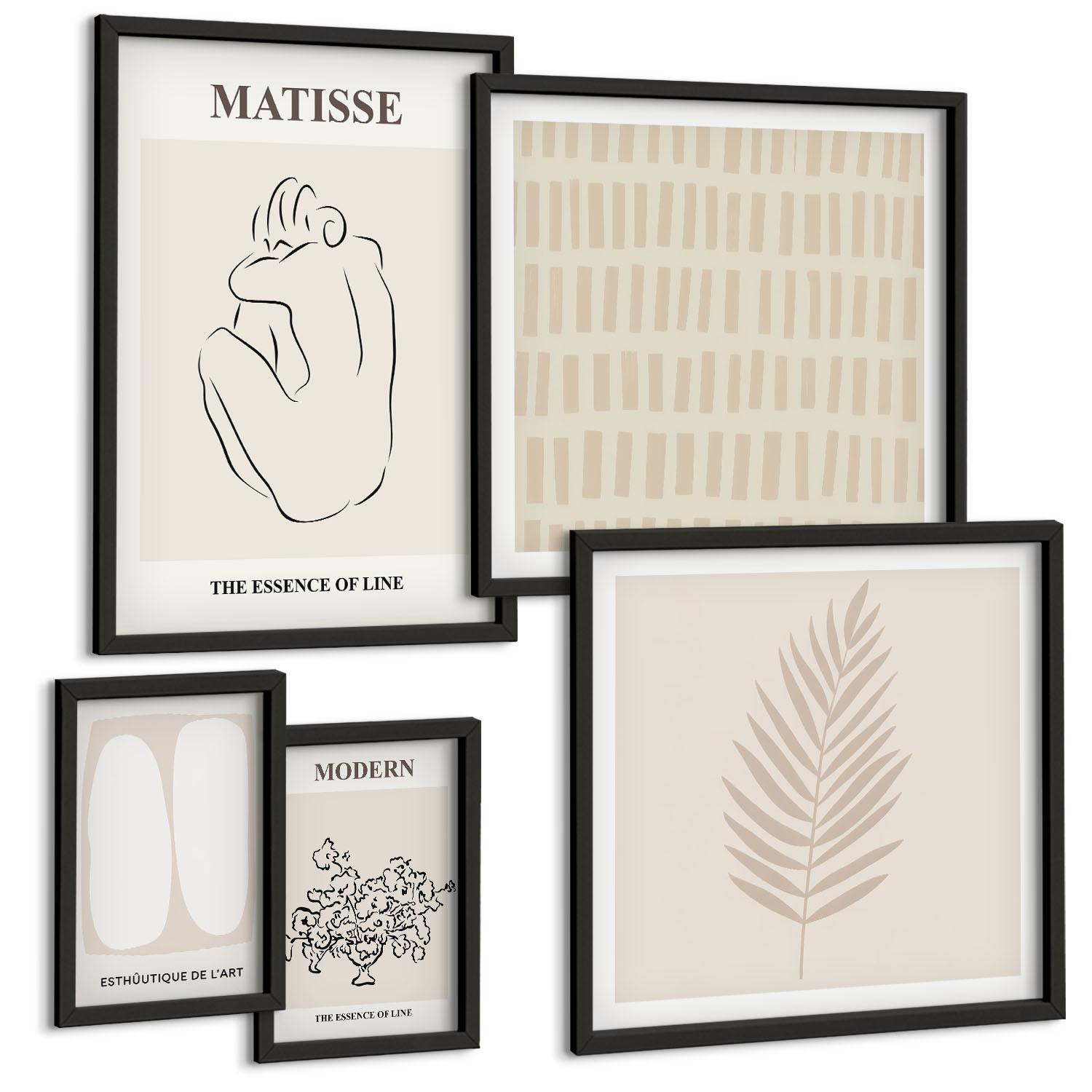 BILDER SET 5er Set - 50x50 cm & 20x30 cm & 40x60 cm Schwarzer Rahmen - Linien, Formen, Beige, Weiß - Schwarz, Kunststoff (40/60cm) - TULUP