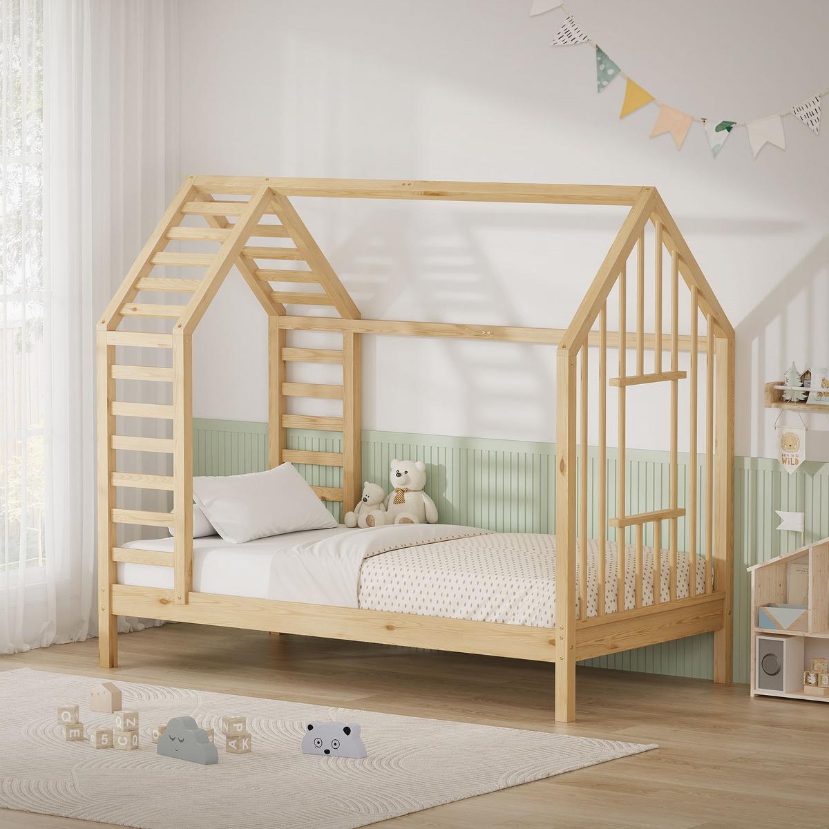 KINDERBETT 80x160 cm mit Lattenrost Dach und Fenster Hausbett aus massivem Kiefernholz Natur - Naturfarben, Holz (80/160cm) - ML-DESIGN