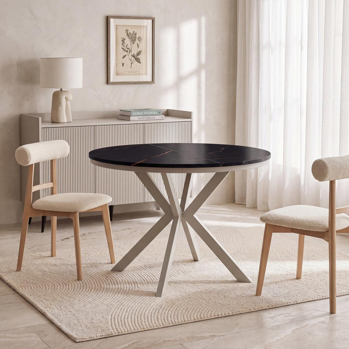 ESSTISCH Valio Neo rund oval ausziehbar verlängerbar mit Metallbeinen in Kaschmir Grau, Schwarz Marmor Kupfer 100-140/100/76 cm - Kaschmir/Beige, Holzwerkstoff/Metall (100/140/76cm) - WFL GROUP