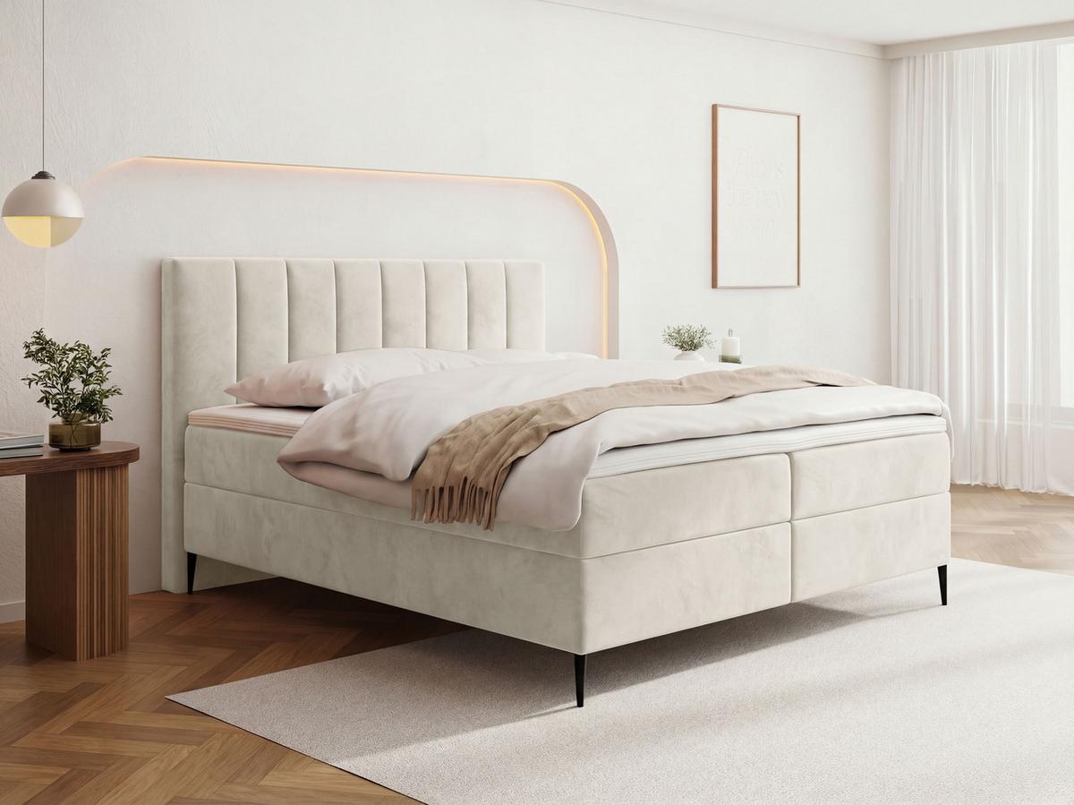 BOXBETT Allen mit Bettkasten, Samt Creme 120x200 cm – inkl. H4 Taschenfederkern Matratze & Foam Topper - Beige/Creme, Textil/Metall (120/200cm) - WFL GROUP