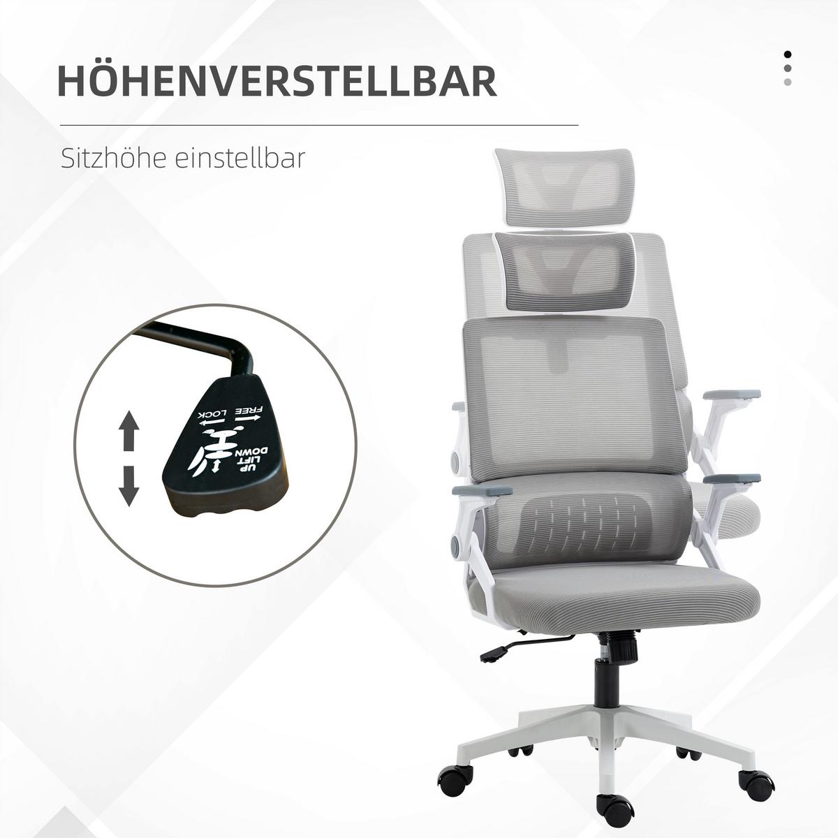 BÜROSTUHL Ergonomisch, Schreibtischstuhl mit Verstellbar Kopfstütze Mesh, Grau - Grau, Textil (61/121.5/60cm) - Vinsetto