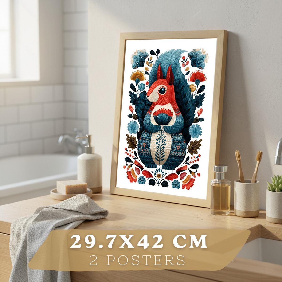 POSTER 2er-Set moderne Kunstdrucke im Folk-Stil, Katzen Eichhörnchen-Dekorationsbilder, farbenfrohe Blumenposter für Wohnzimmer Leichter Holzrahmen A3 - Beige, Papier (42/29.7/3cm) - Nacnic