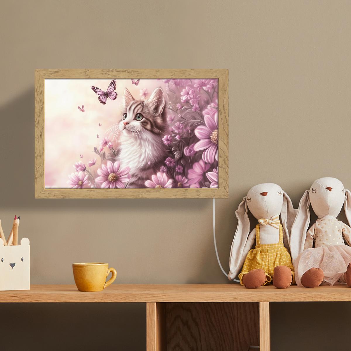 WANDLEUCHTE Kätzchen - Blumen - Schmetterlinge - Lila 30x20 cm - Altrosa, Holzwerkstoff (30/20/8cm) - OnlyWow