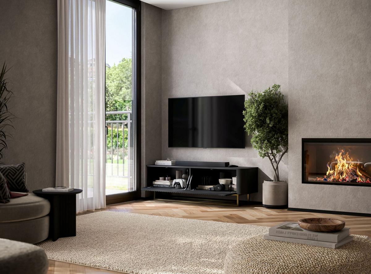 TV-LOWBOARD Aurora 140 cm in Schwarz matt mit goldfarbenem Metallrahmen - Schwarz, Holzwerkstoff/Metall (140/44/35cm) - Meble Lindner