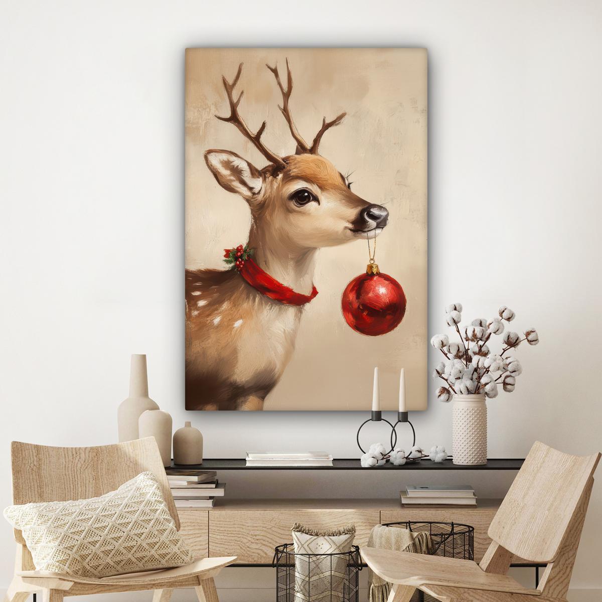 LEINWANDBILD Weihnachten - Hirsch - Geweih - Weihnachtskugel - Rentier Deko XXL 80x120 cm - Hellbraun, Textil (80/120cm) - MuchoWow