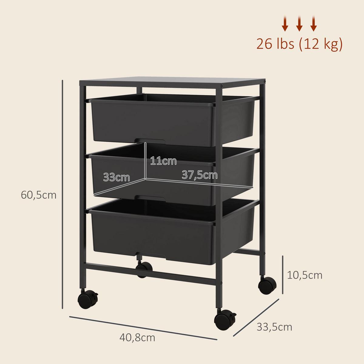 ROLLWAGEN, Servierwagen mit 3 Etagen, 40,8 x 33,5 x 60,5 cm, Schwarz - Schwarz, Metall (33.5/60.5/40.8cm) - HOMCOM