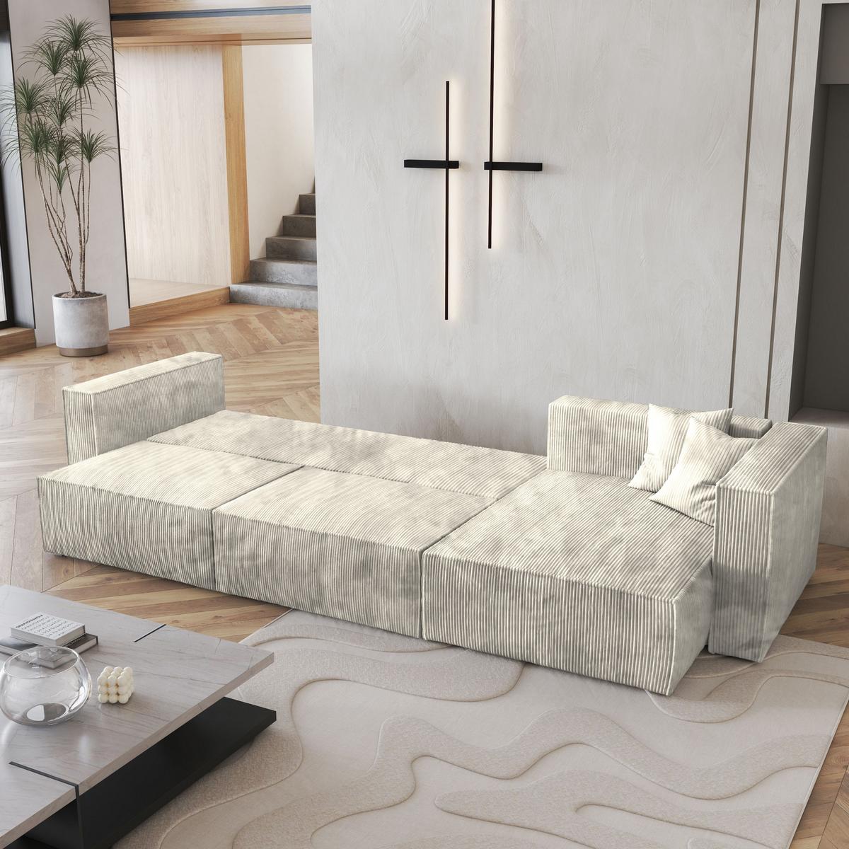 ECKSOFA TOLMO P Creme Kordstoff mit Schlaffunktion - Creme/Grau, Holz/Kunststoff (347/148cm) - MASSENO