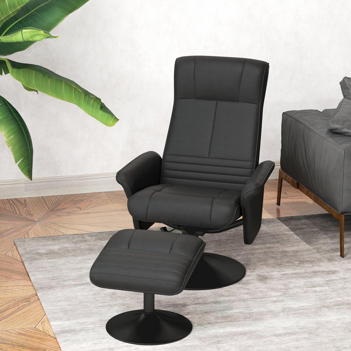 RELAXSESSEL mit Hocker Drehbarer Fernsehsessel mit Liegefunktion Mikrofasertuch - Schwarz, Textil/Metall (71/104/69cm) - HOMCOM