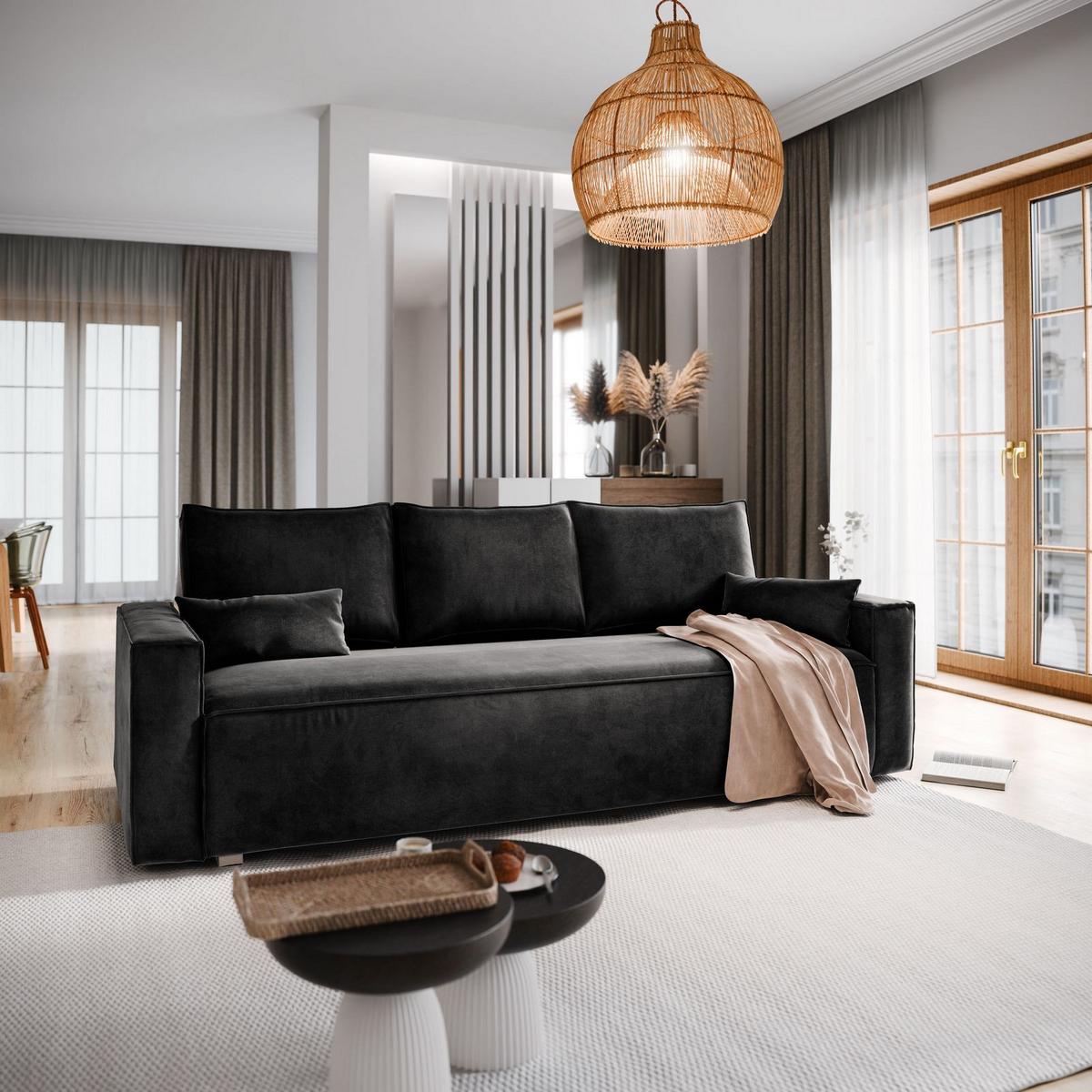 BETTSOFA ALATRI Schwarz Velours-Stoff mit Schlaffunktion - Schwarz, Textil (230/85/87cm) - MASSENO