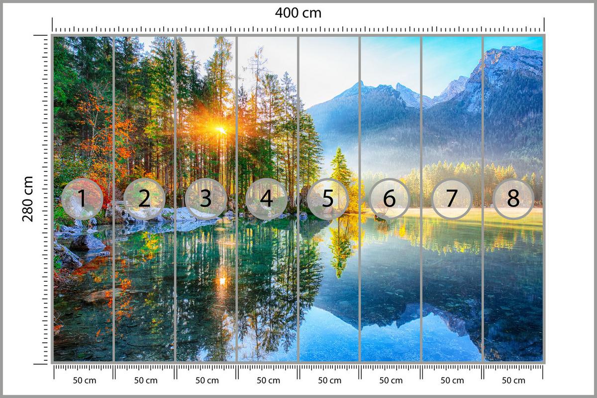 FOTOTAPETE für Schlafzimmer See Berge Bäume Sonnenuntergang Natur 400x280 - Gelb/Rot, Papier (400/280cm) - Muralo