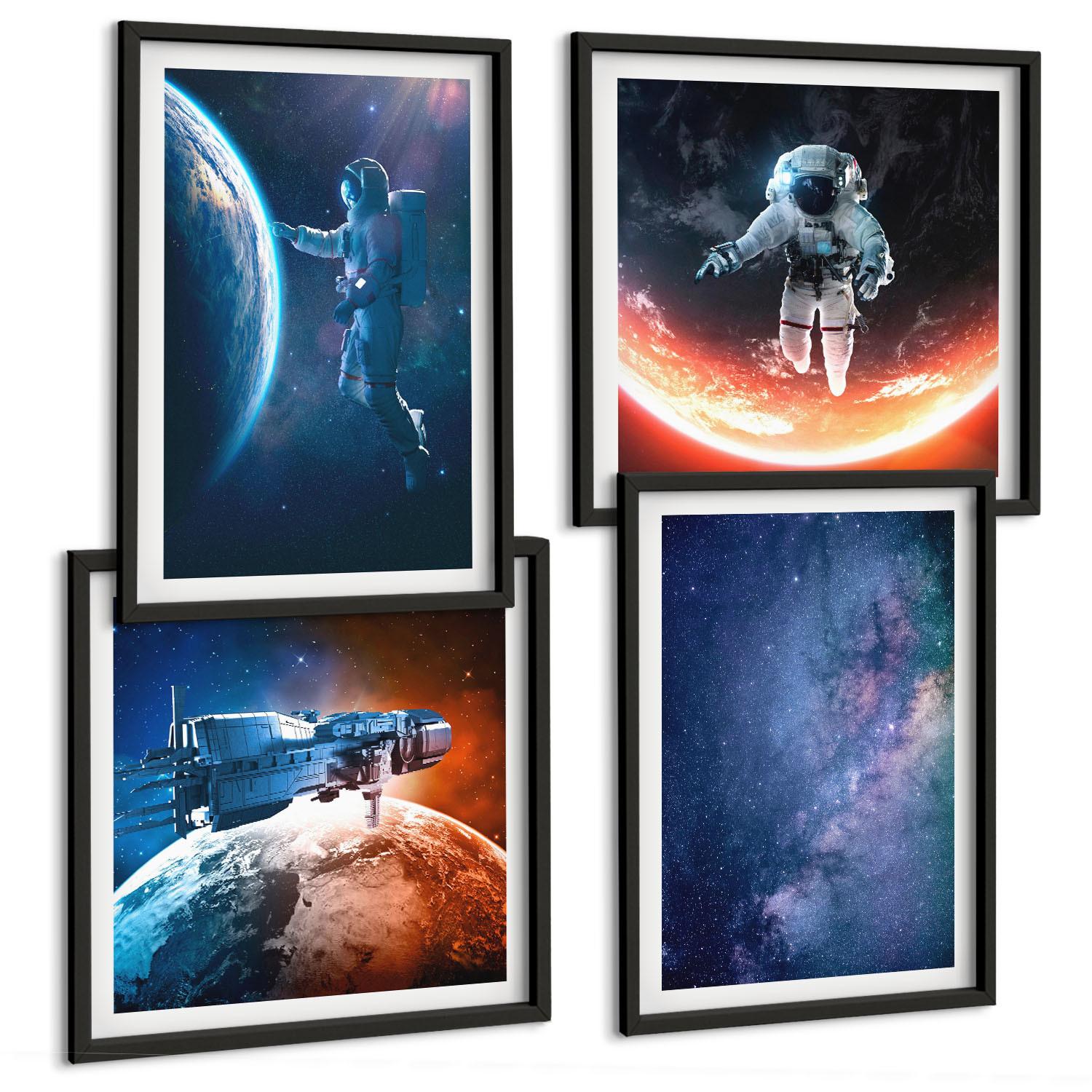 BILDER SET 4er Set - 50x50 cm & 40x60 cm Schwarzer Rahmen - Weltraum-Astronauten-Sterne - Schwarz, Kunststoff (50/50cm) - TULUP