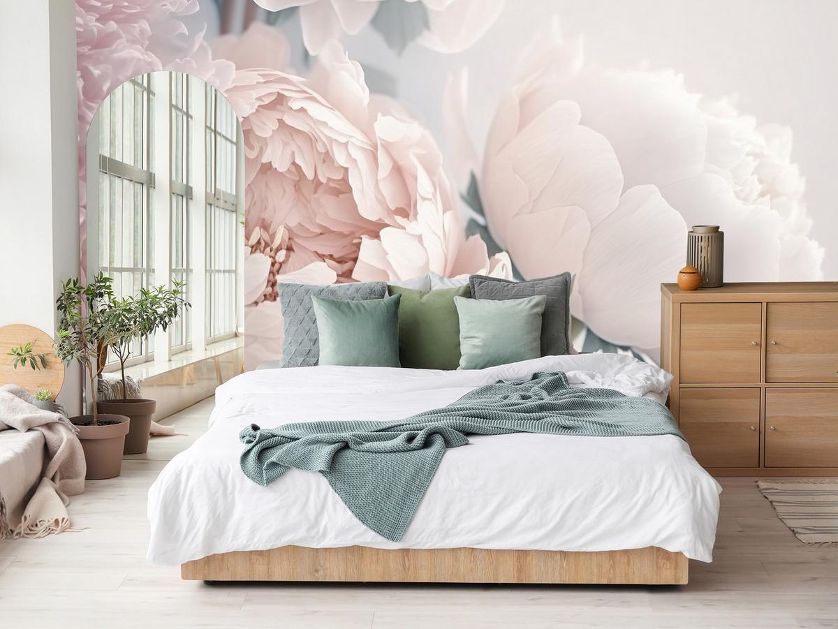FOTOTAPETE für Schlafzimmer Große Blumen Rosa Pfingstrosen 450x315 - Rosa/Grün, Papier (450/315cm) - Muralo