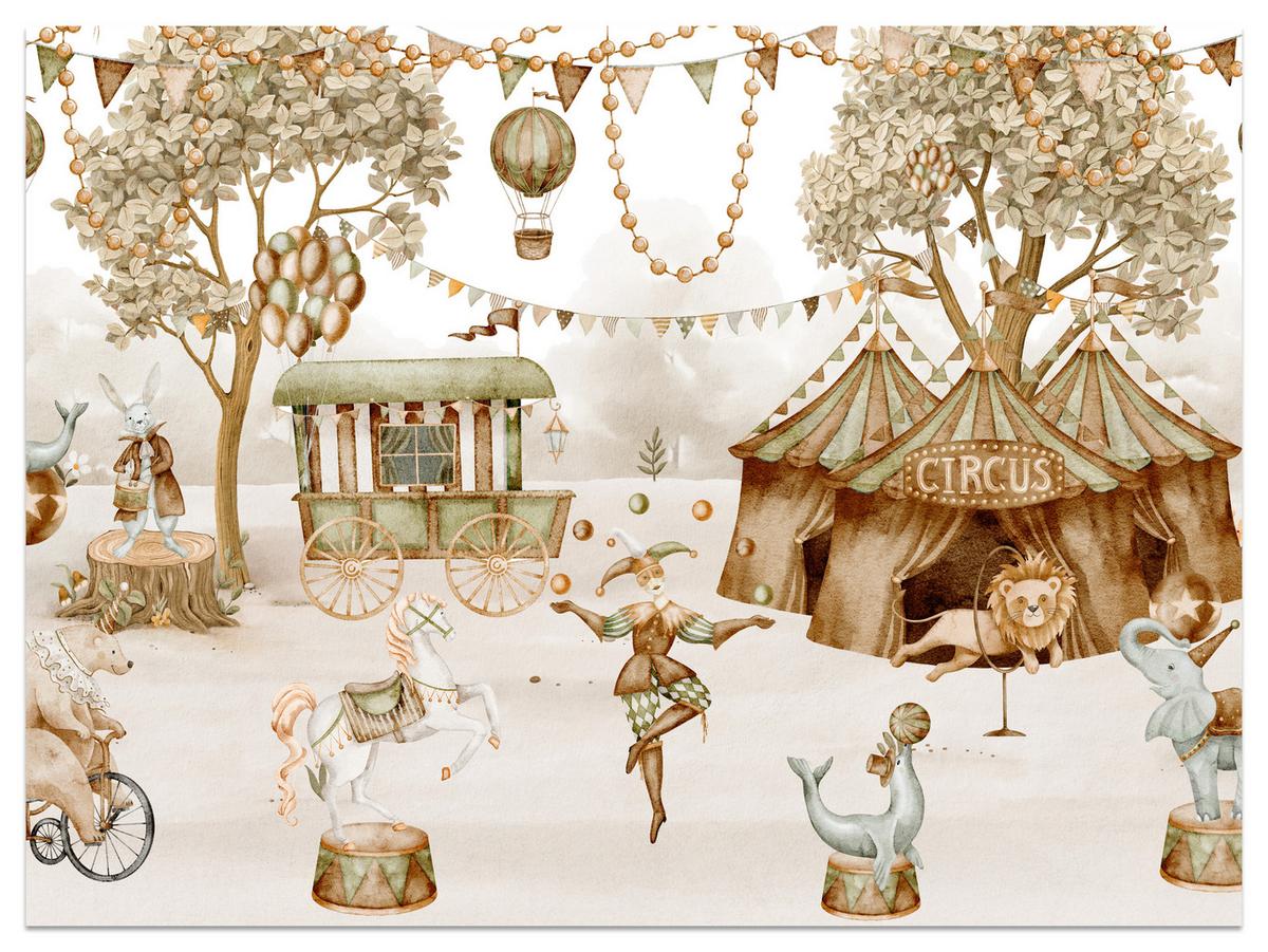 FOTOTAPETE für Kinderzimmer Zirkus Zelt Tiere Ballons Aquarell Bäumes 400x280 - Ecru/Beige, Papier (400/280cm) - Muralo