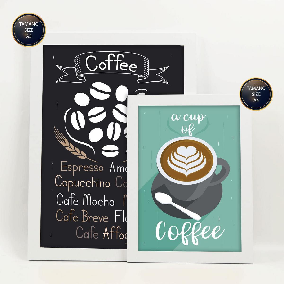 POSTER Set Mit 6 Kaffee Vollfarbige Illustrationen Von Kaffee & Getränken Im Werbetafel Illustrationen Für & Heim A3 & A4 Weißer Rahmen - Weiß, Papier (29/3cm) - Nacnic