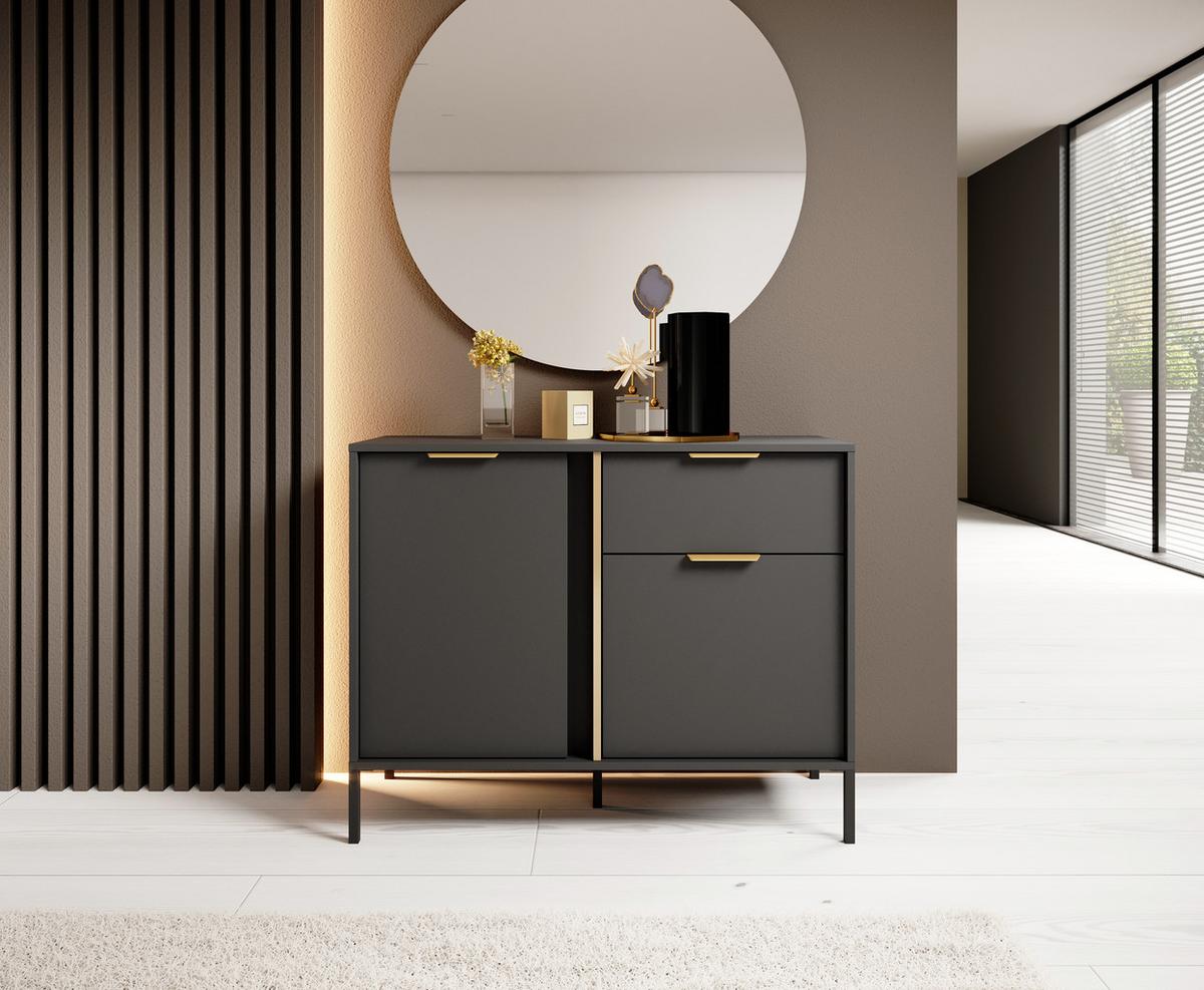 SIDEBOARD Catanian 2T 1S Grau 103,3/81,4/39,5 cm – mit goldenen Griffen und schwarzen Beinen - Schwarz/Grau, Holzwerkstoff/Metall (103.3/81.4/39.5cm) - AX Living