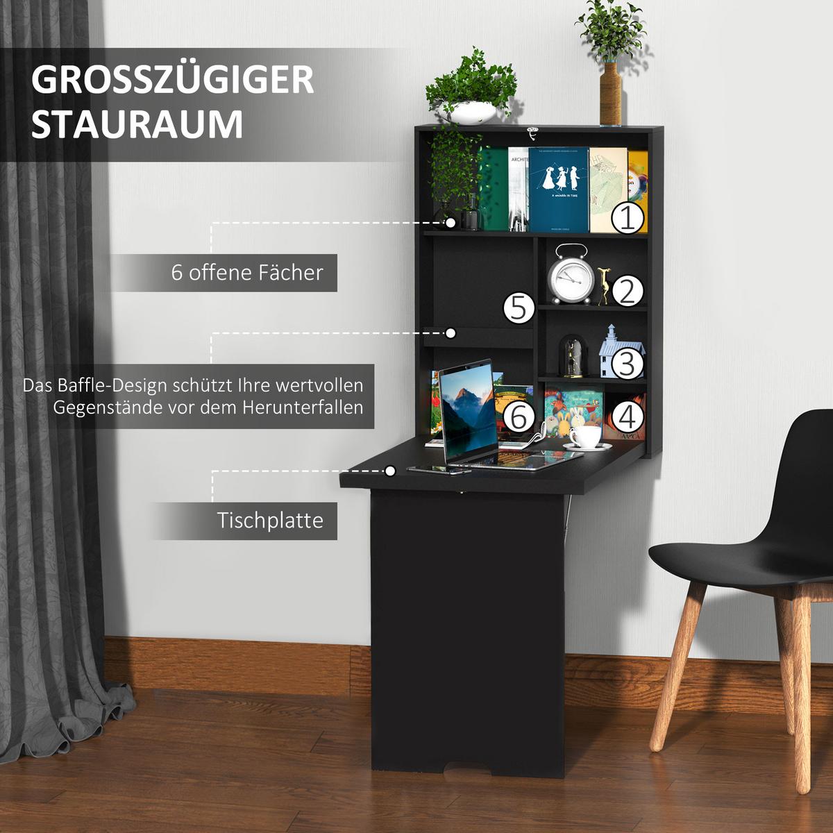 WANDTISCH Klappbar Wandklapptisch Klappschreibtisch Computertisch Schwarz - Schwarz, Kunststoff (94.5/147/60cm) - HOMCOM