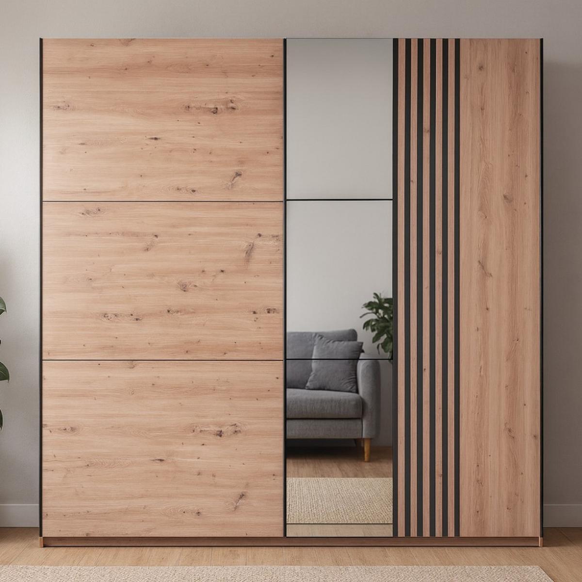 SCHWEBETÜRENSCHRANK Soria mit 2 Türen und Spiegel, 200 cm, eiche Artisan - Eiche Artisan, Holzwerkstoff (203/215/65cm) - Beautysofa