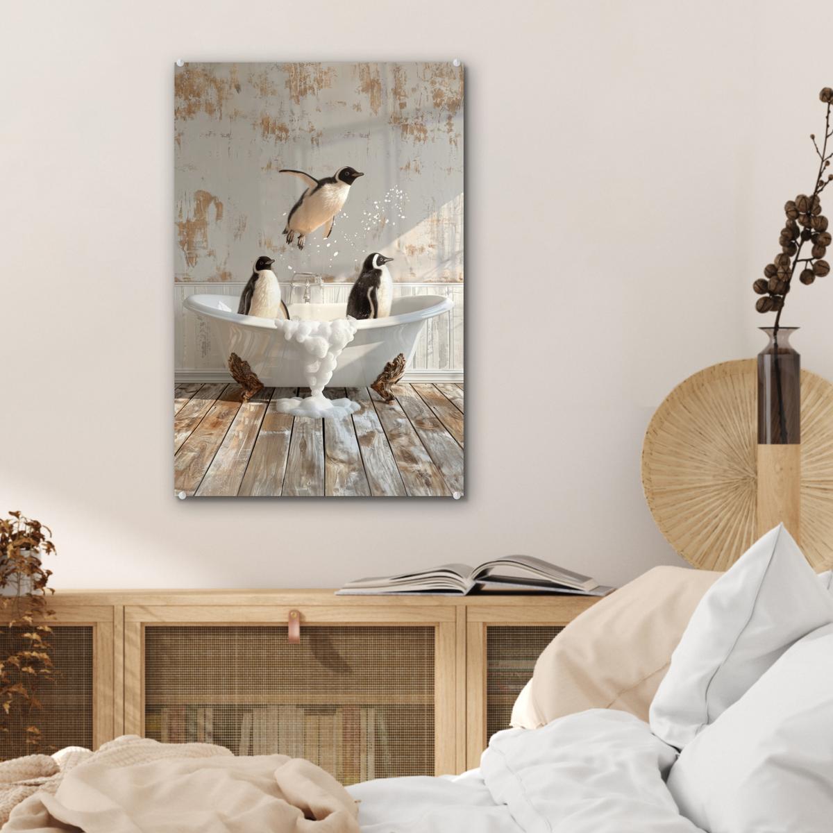ACRYLGLASBILD Vintage - Pinguin - Badewanne - Schaumstoff Wanddeko Wohnzimmer 40x60 cm - Schwarz, Glas (40/60cm) - MuchoWow