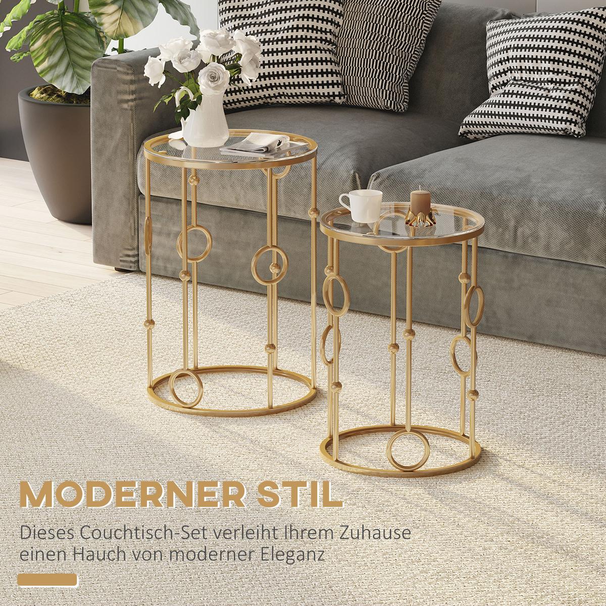 2ER-SET Couchtisch, Beistelltisch mit Glasplatte, Wohnzimmertisch Sofatisch - Goldfarben, Glas (41/41/57cm) - HOMCOM