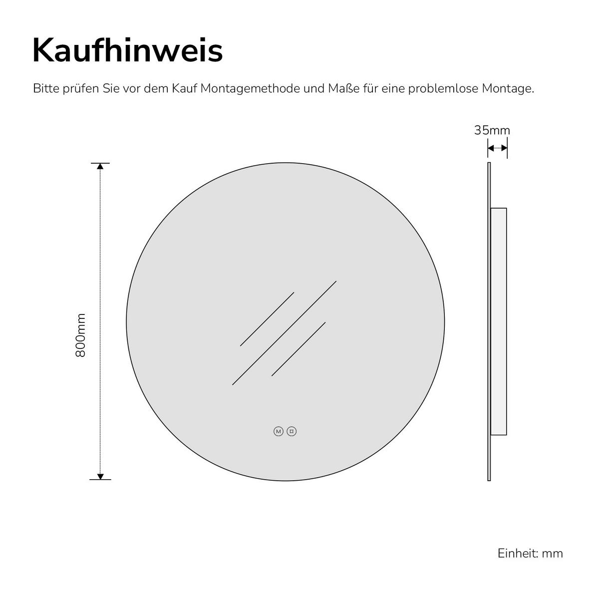 BADSPIEGEL Rund mit Beleuchtung Rahmenlos, 3 Lichtfarben, beschlagfrei, Ø 80 cm - Transparent, Glas (80/80/3cm) - EMKE