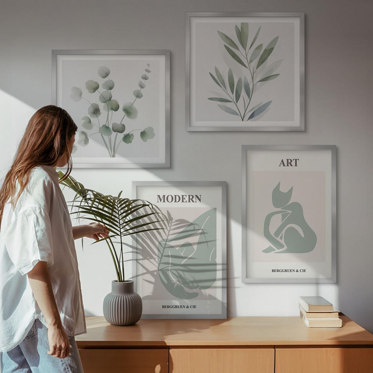 BILDER SET 4er Set - 50x50 cm & 40x60 cm Silberner Rahmen - Pflanzenmotive, zartes Grün - Silberfarben, Kunststoff (50/50cm) - TULUP