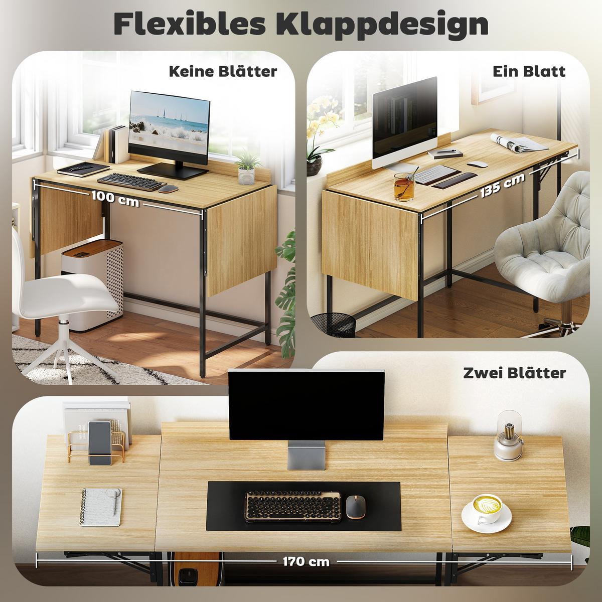 SCHREIBTISCH Klappbar Computertisch Bürotisch mit Modern-Design, Metallgestell - Eichefarben/Schwarz, Holzwerkstoff/Metall (170/58/78cm) - HOMCOM