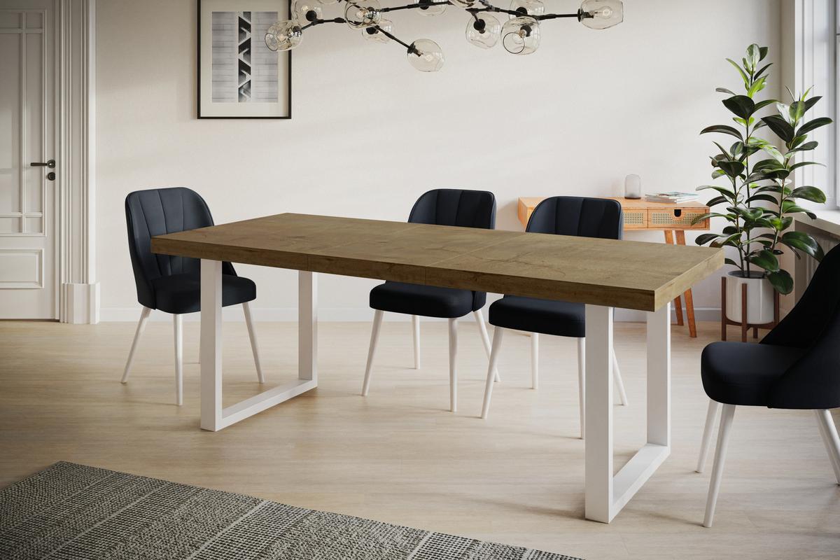 INDUSTRIELLER Esszimmertisch LOFT-U, ausziehbarer Tisch, Größe: 140-240X80X77 cm, Wohnzimmertisch Farbe: LEFKAS, mit Metallbeinen in Farbe Weiß - Dunkelbraun/Weiß, Holzwerkstoff (140/80/77cm) - Alpi-Möbel