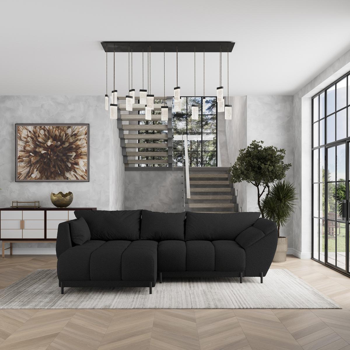 ECKSOFA VESTANO L-S Schwarz Boucle-Stoff mit Schlaffunktion - Schwarz, Holz (287/182cm) - MASSENO