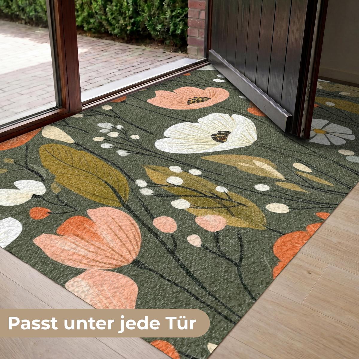 FUSSMATTE Blumen - Illustration - Grün Flurteppich 150x90 cm - Dunkelgrün, Kunststoff (150/0.4cm) - MuchoWow