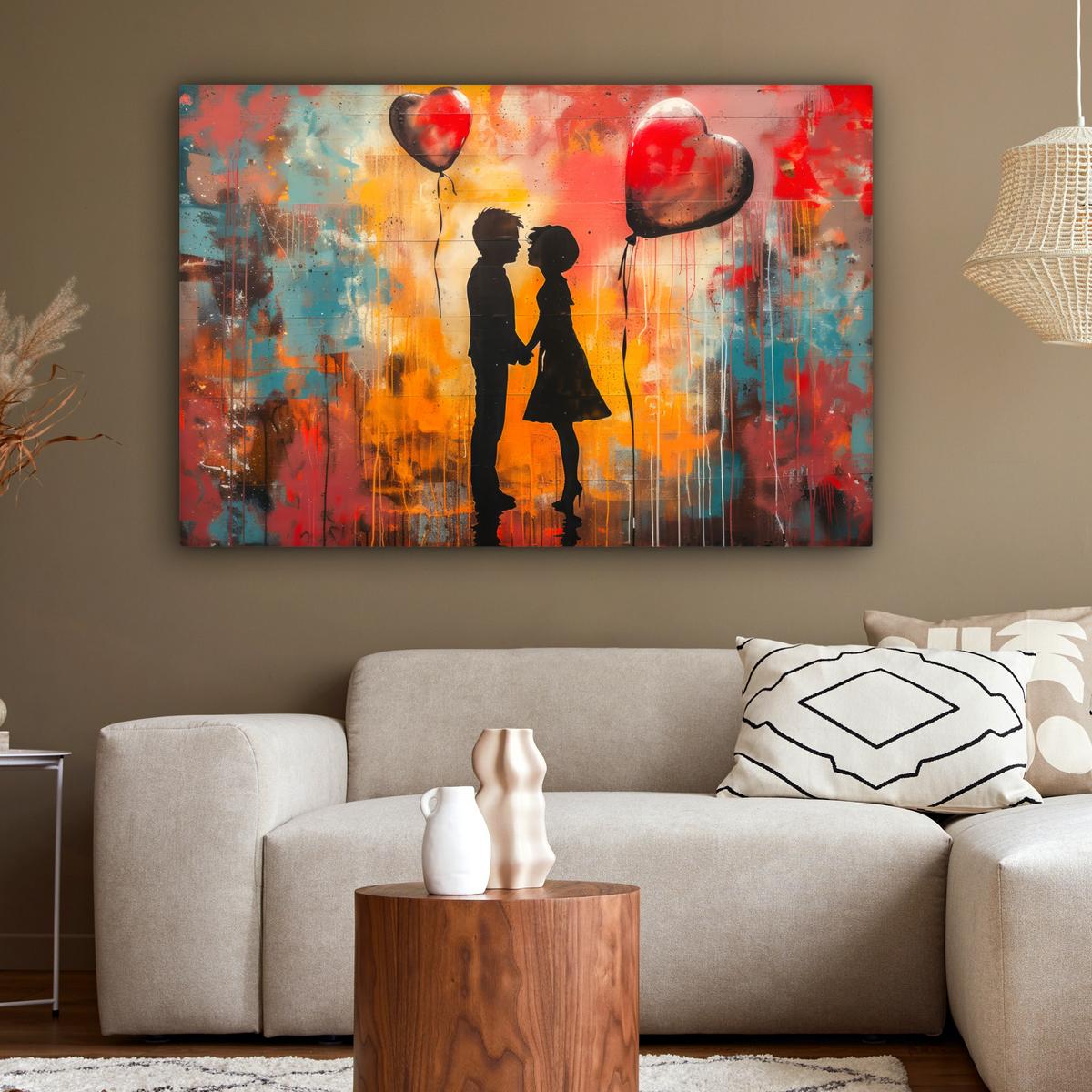 LEINWANDBILD Straßenkunst - Liebe - Graffiti - Kunst - Banksy Wohnzimmer Groß 120x80 cm - Orange, Textil (120/80cm) - MuchoWow