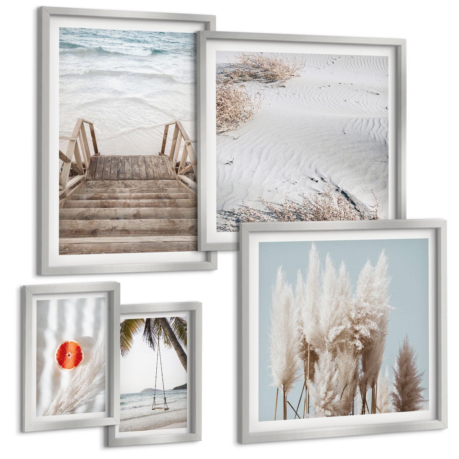 BILDER SET 5er Set - 50x50 cm & 20x30 cm & 40x60 cm Silberner Rahmen - Strandatmosphäre dank hölzerner Treppen. - Silberfarben, Kunststoff (40/60cm) - TULUP