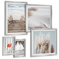 BILDER SET 5er Set - 50x50 cm & 20x30 cm & 40x60 cm Silberner Rahmen - Strandatmosphäre dank hölzerner Treppen. - Silberfarben, Kunststoff (40/60cm) - TULUP