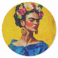 FUSSMATTE Frida Kahlo - Frau - Gelb - Blau - Blumen Schmutzfangmatte 90x90 cm - Gelb, Kunststoff (90/0.4cm) - MuchoWow